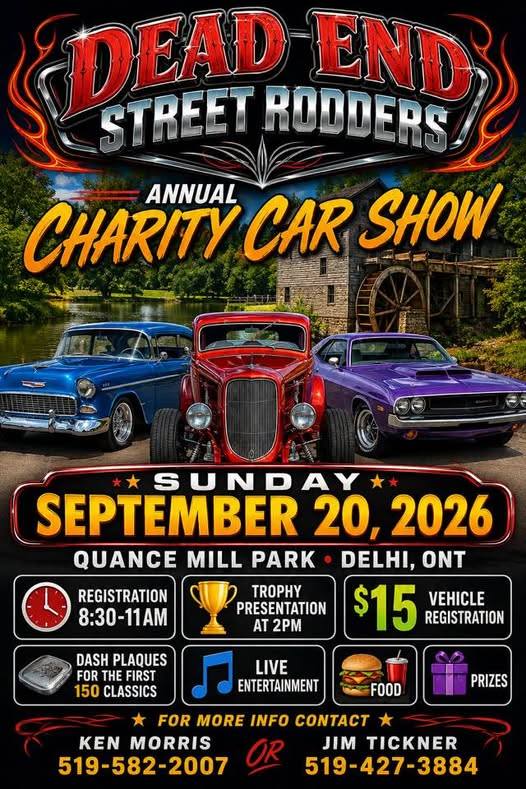 Dead End Street Rodders Annual Charity Car Show event at Quance Mill Park in Delhi, ON on September 20, 2026