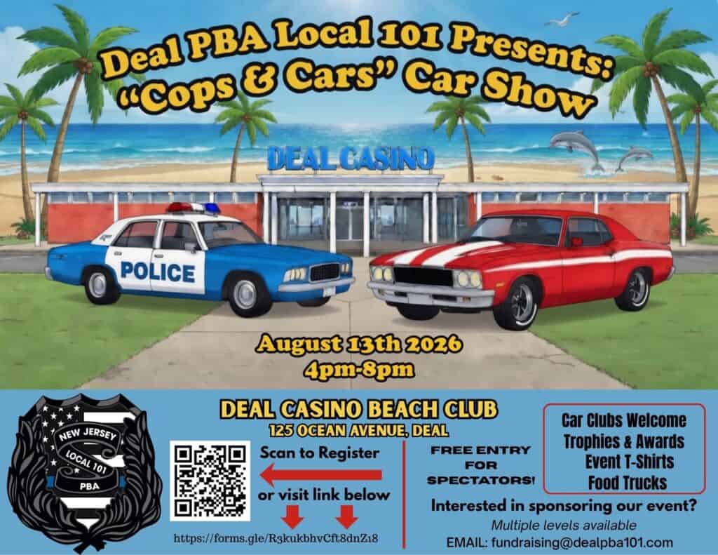 Deal PBA Local 101 Cops & Cars Car Show event at Deal Casino Beach Club in Deal, NJ on August 13, 2026