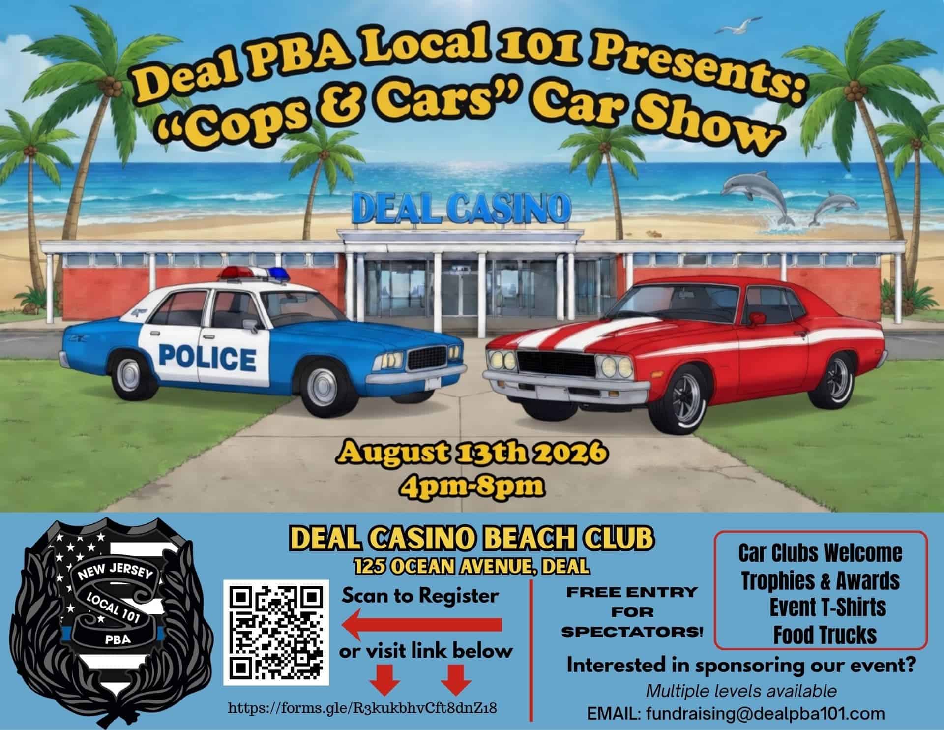 Deal PBA Local 101 Cops & Cars Car Show event at Deal Casino Beach Club in Deal, NJ on August 13, 2026