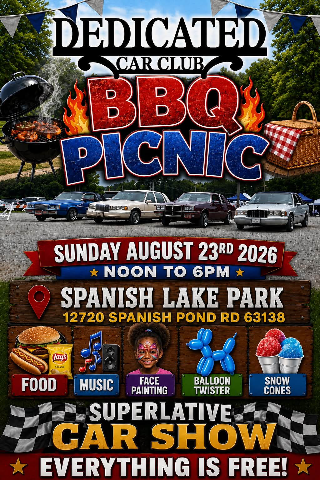 Dedicated Car Club BBQ Picnic event at Spanish Lake Park in Spanish Lake, MO on August 23, 2026