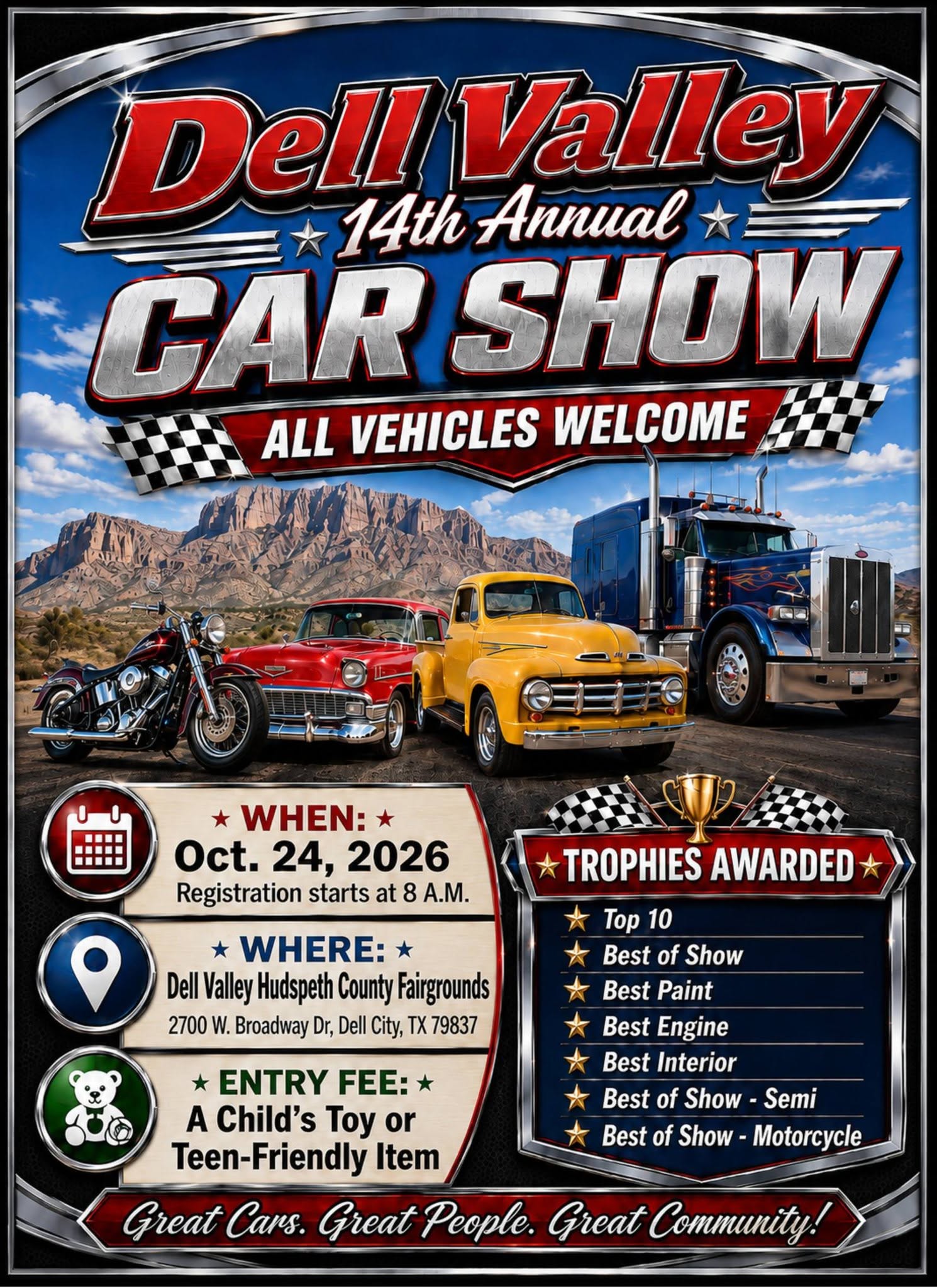 Dell Valley 14th Annual Car Show event at Dell Valley Hudspeth County Fairgrounds in Dell City, TX on October 24, 2026