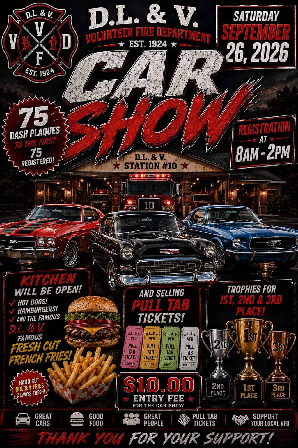 D.L. & V Volunteer Fire Department Car Show event at D.L. & V Station #10 in Vanderbilt, PA on September 26, 2026
