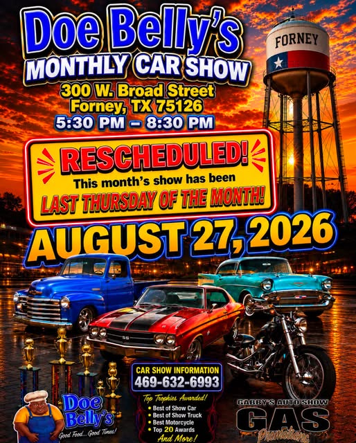 Doe Belly's Monthly Car Show event at Doe Belly's in Forney, TX on August 27, 2026