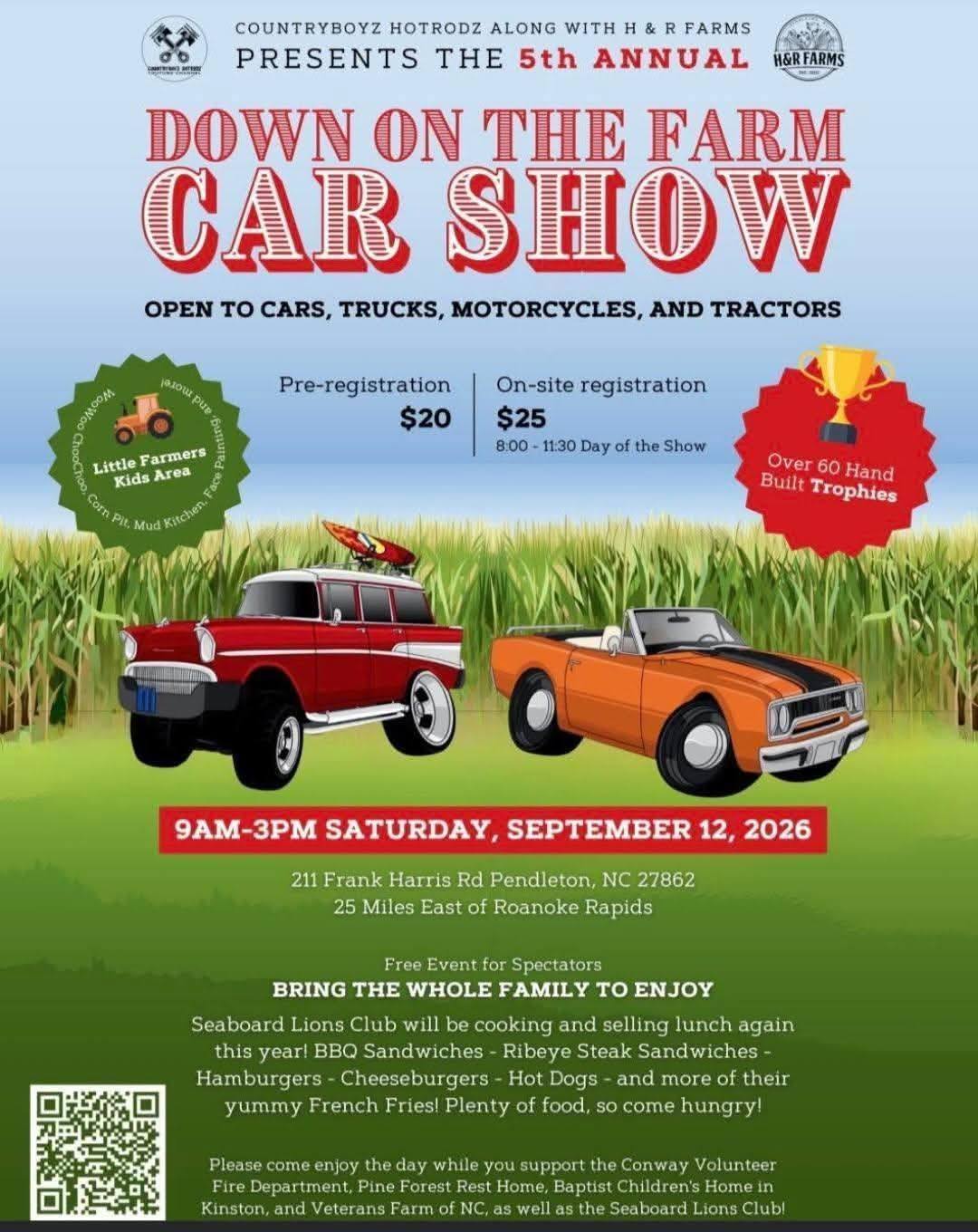 Down on the Farm Car Show event at H & R Farms in Pendleton, NC on September 12, 2026