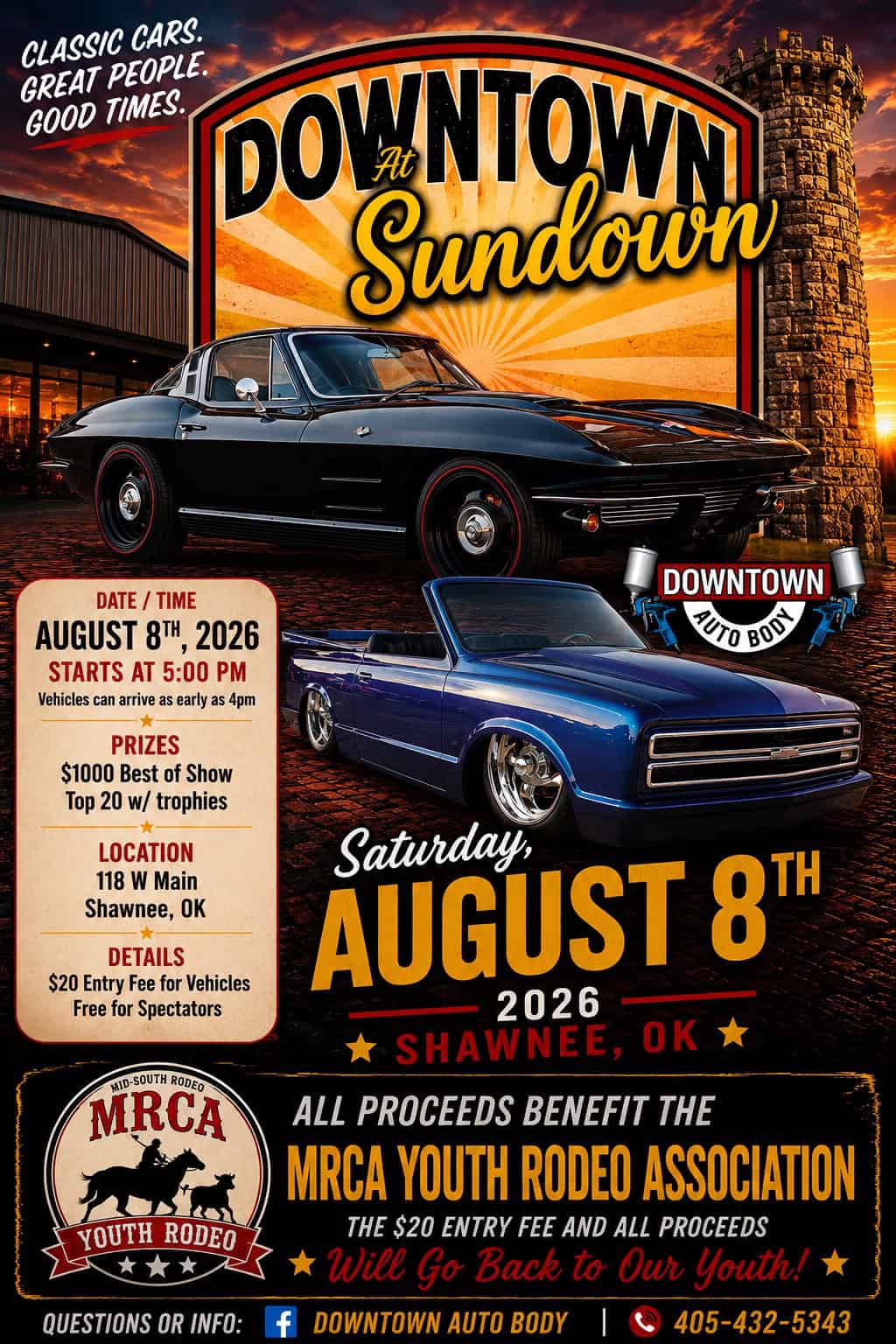 Downtown at Sundown Car Show event at Downtown Auto Body Shawnee in Shawnee, OK on August 8, 2026