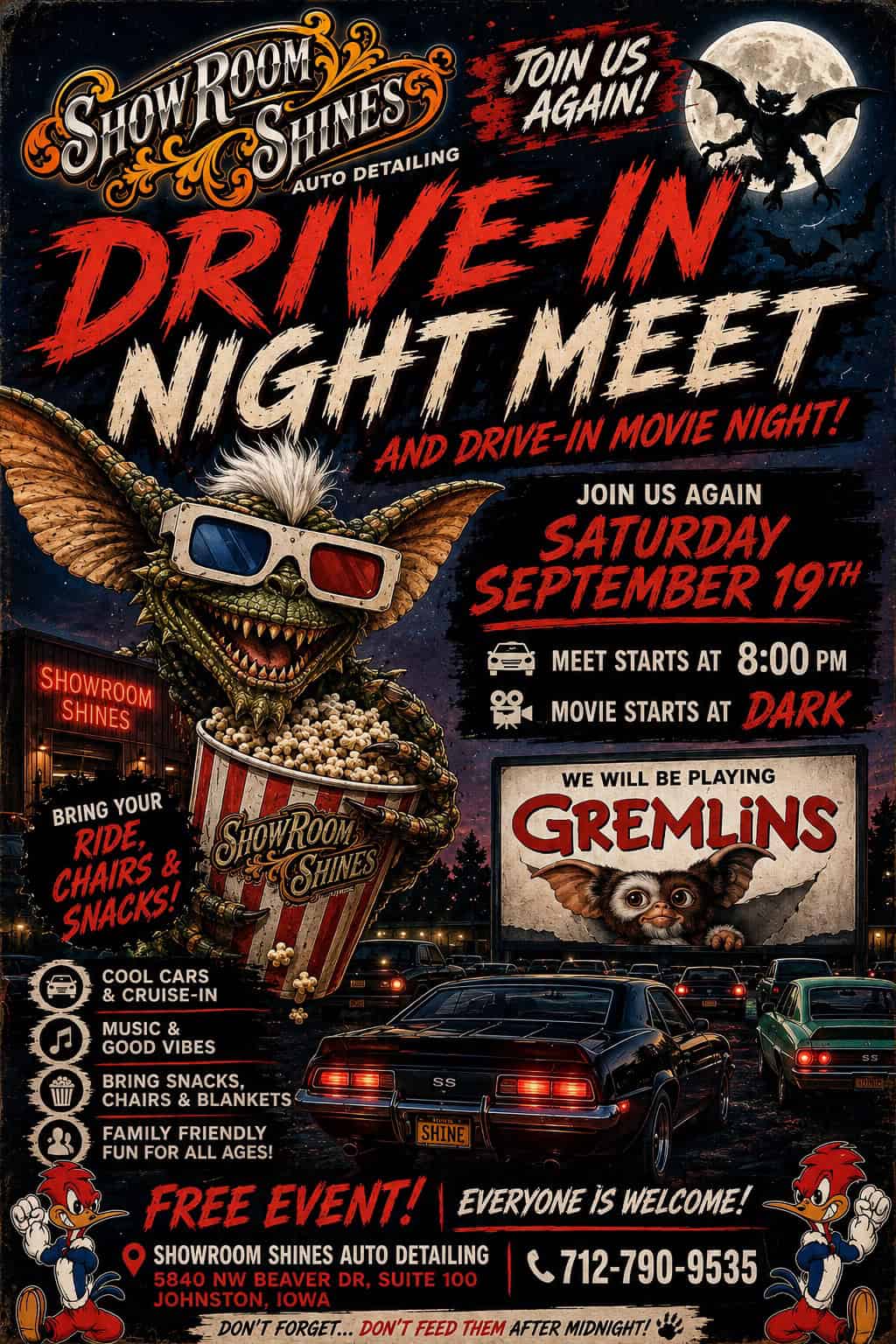 Drive-In Night Meet - Gremlins event at ShowRoom Shines Auto Detailing in Johnston, IA on September 19, 2026