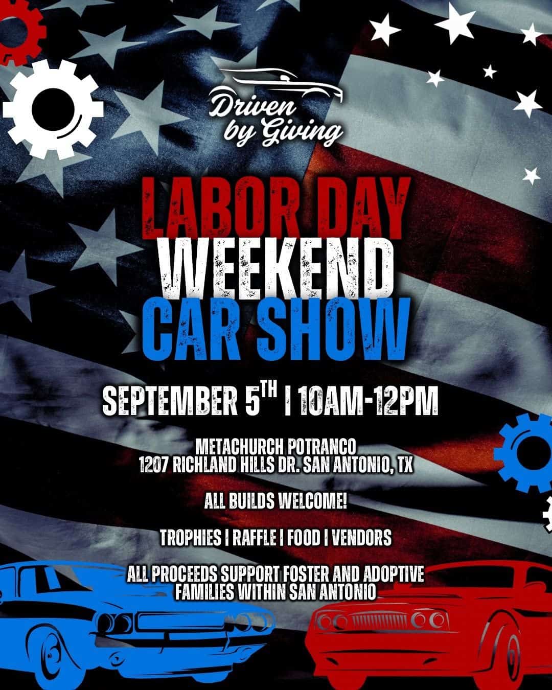 Driven by Giving Labor Day Weekend Car Show event at MetaChurch Potranco in San Antonio, TX on September 5, 2026