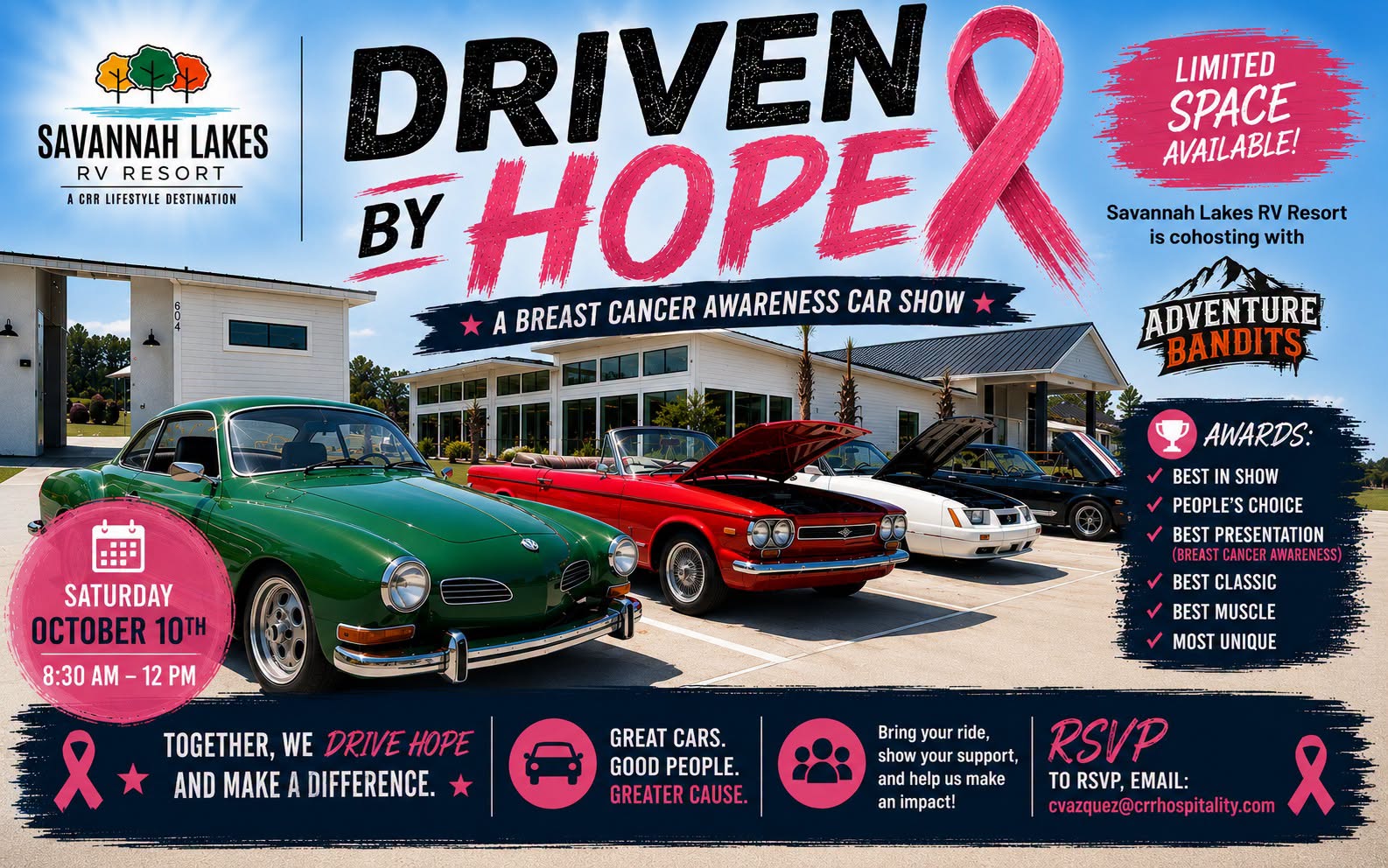 Driven by Hope: a Breast Cancer Awareness Car Show event at Savannah Lakes RV Resort in Hardeeville, SC on October 10, 2026