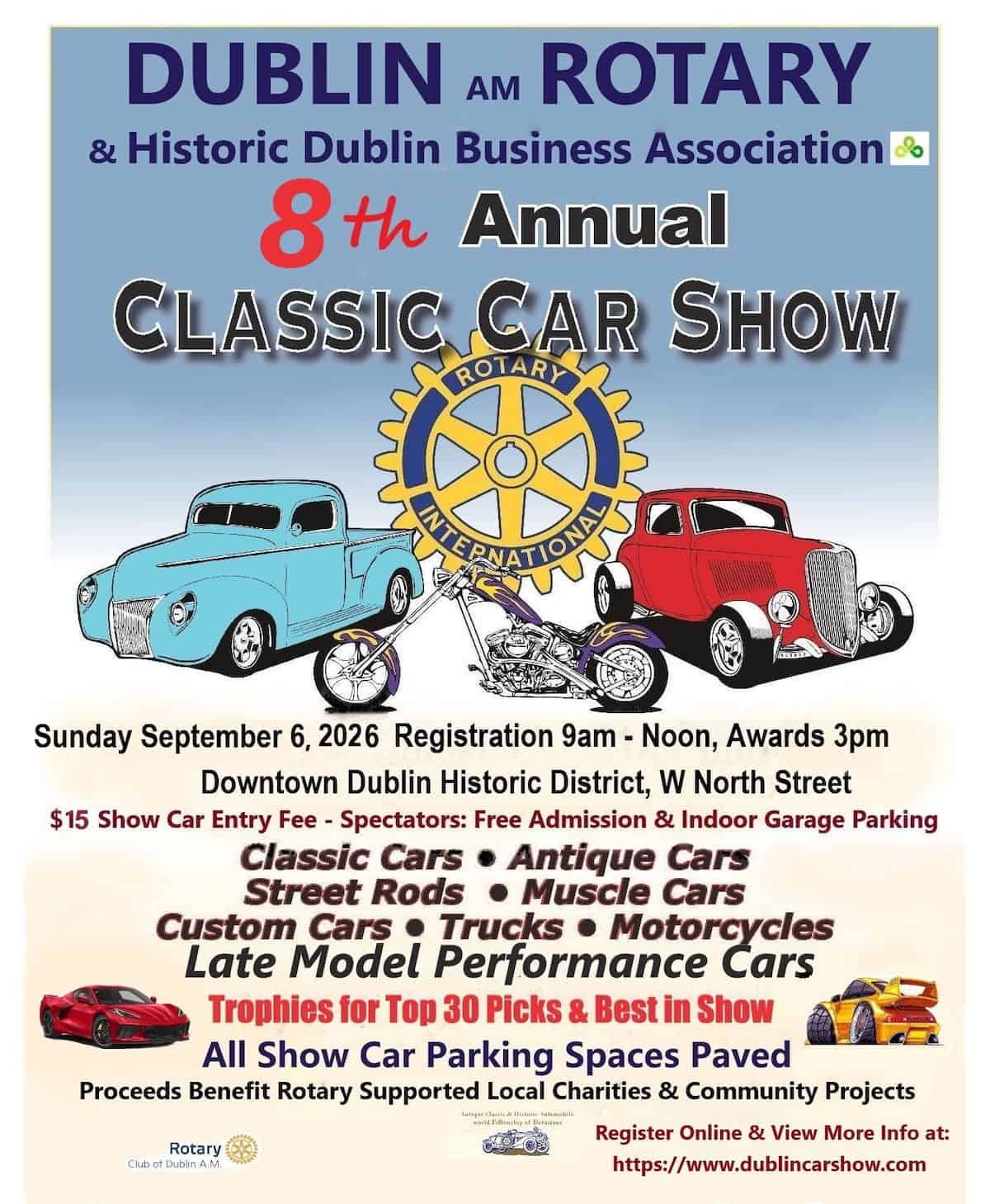 Dublin AM Rotary 8th Annual Classic Car Show event at Downtown Dublin Historic District in Dublin, OH on September 6, 2026