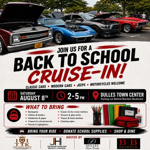 Dulles Town Center Back to School Cruise-In event at Dulles Town Center in Sterling, VA on August 8, 2026