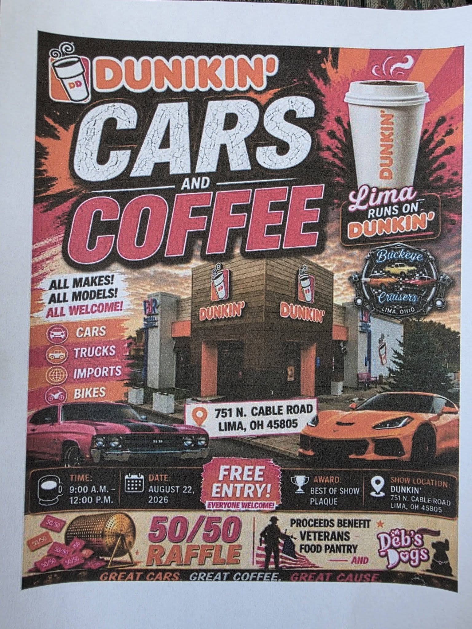 Dunkin' Cars and Coffee event at Dunkin' in Lima, OH on August 22, 2026