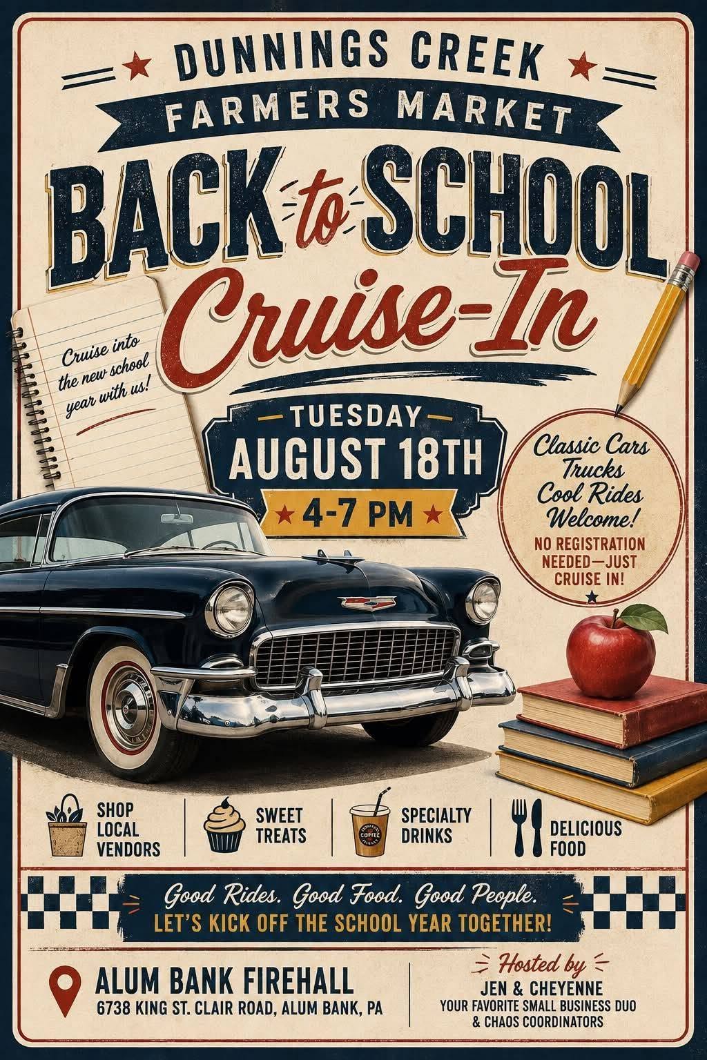 Dunnings Creek Farmers Market Back to School Cruise-In event at Alum Bank Firehall in Alum Bank, PA on August 18, 2026