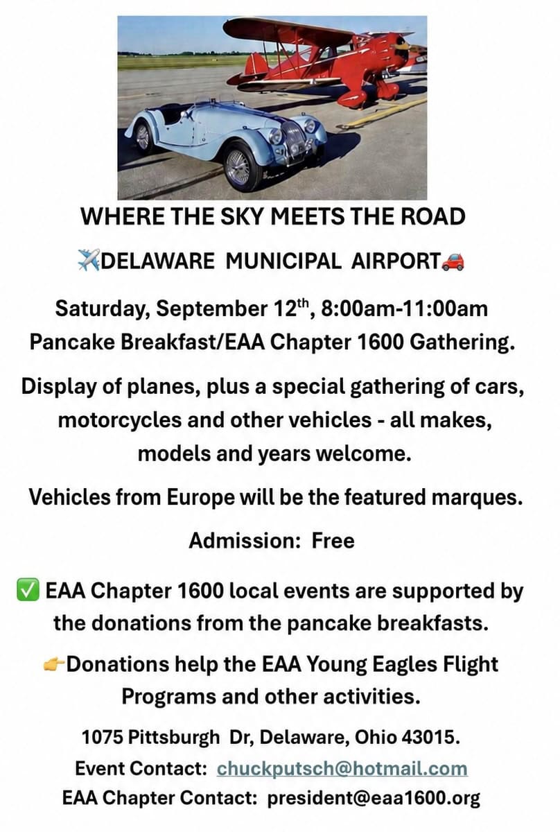 EAA Chapter 1600 Car Show event at Delaware Municipal Airport in Delaware, OH on September 12, 2026