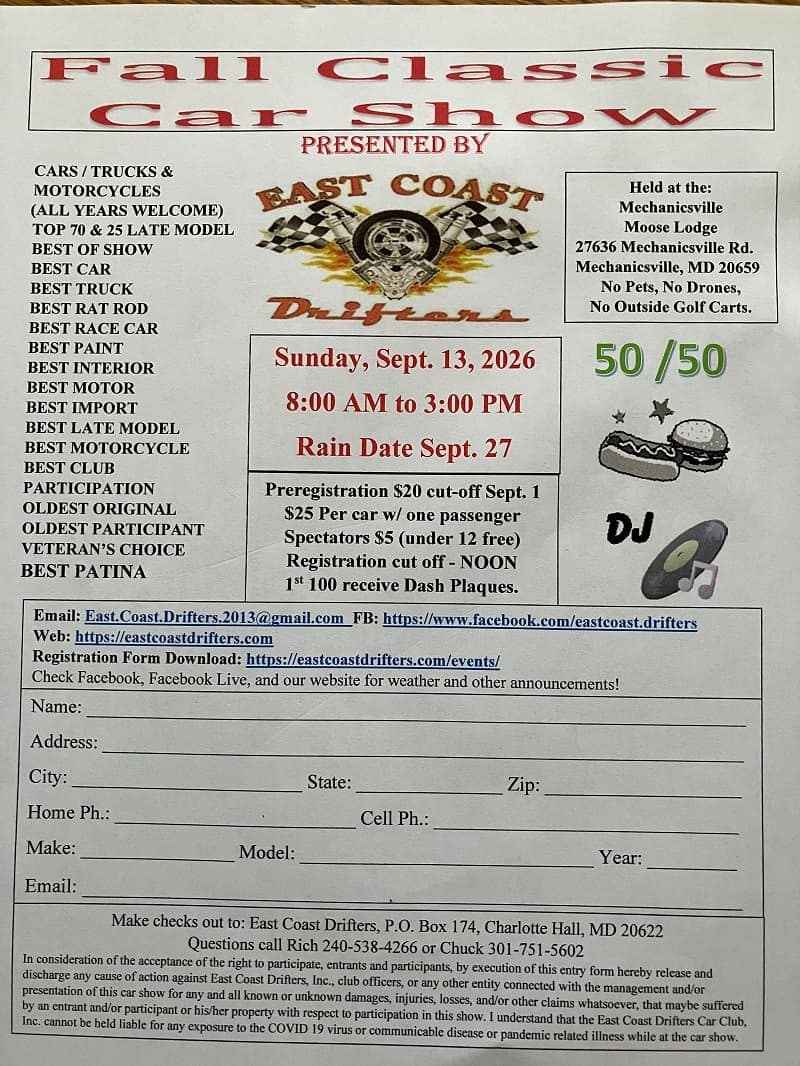 East Coast Drifters Fall Classic Car Show event at Mechanicsville Moose Lodge in Mechanicsville, MD on September 13, 2026