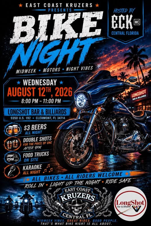 East Coast Kruzers Bike Night event at Longshot Bar & Billiards in Clermont, FL on August 12, 2026