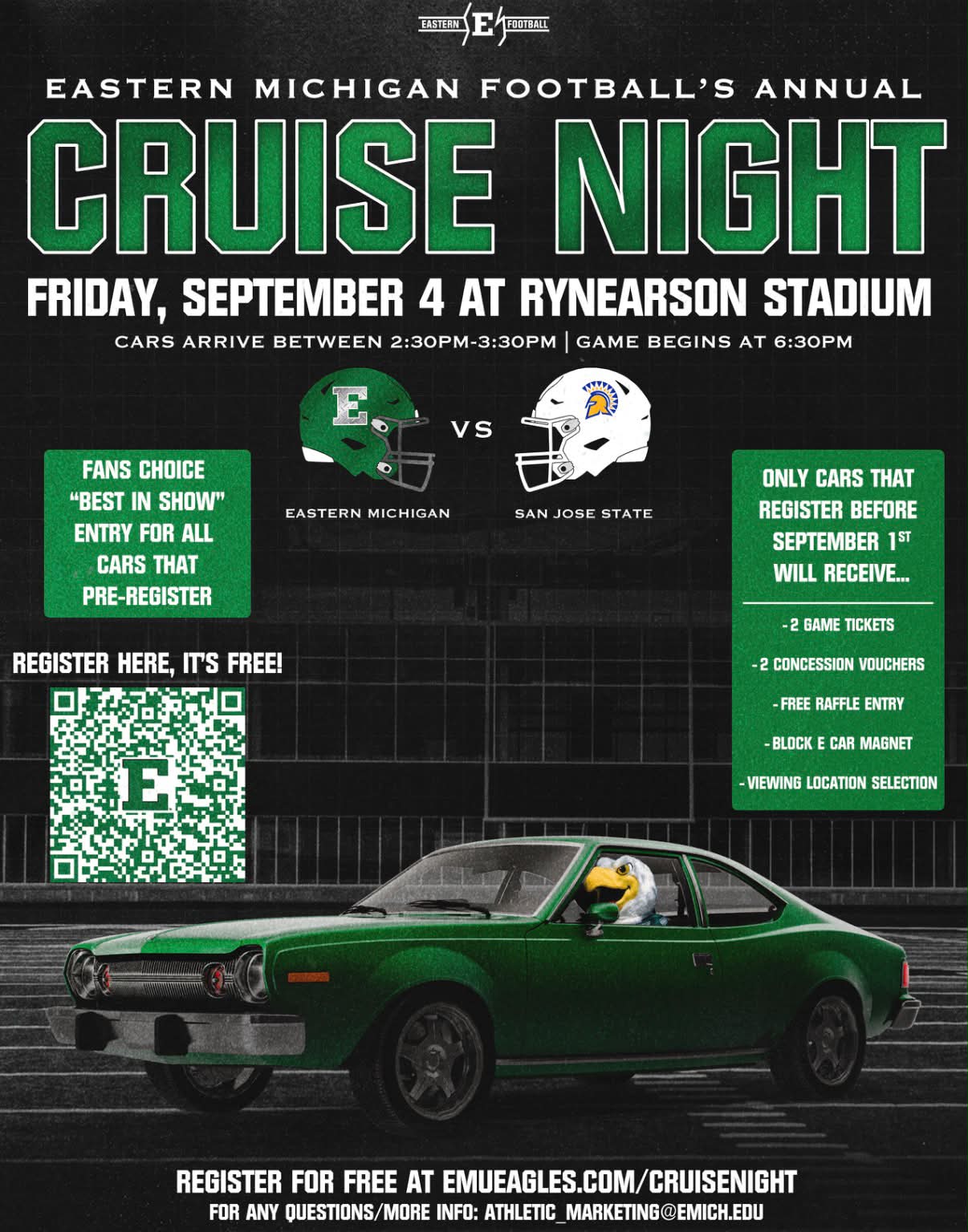 Eastern Michigan Football's Annual Cruise Night event at Rynearson Stadium in Ypsilanti, MI on September 4, 2026