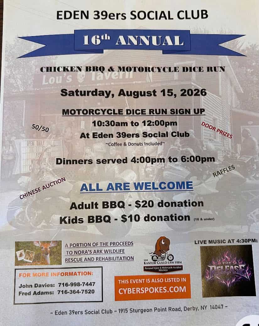 Eden 39ers Social Club 16th Annual Chicken BBQ & Motorcycle Dice Run event at Eden 39ers Social Club in Derby, NY on August 15, 2026