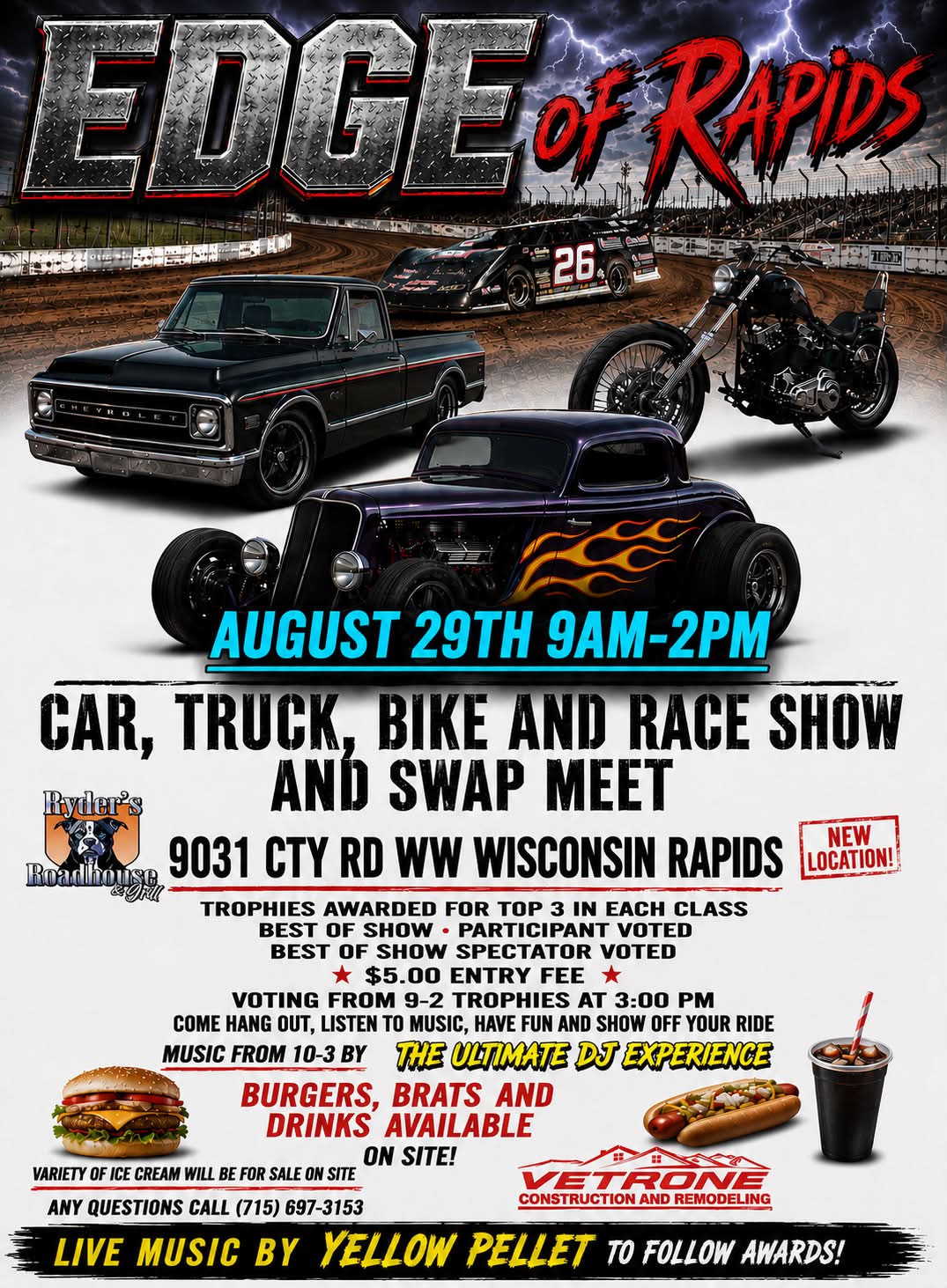 Edge of Rapids Car, Truck, Bike and Race Show and Swap Meet event at Rydler's Roadhouse & Grill in Wisconsin Rapids, WI on August 29, 2026