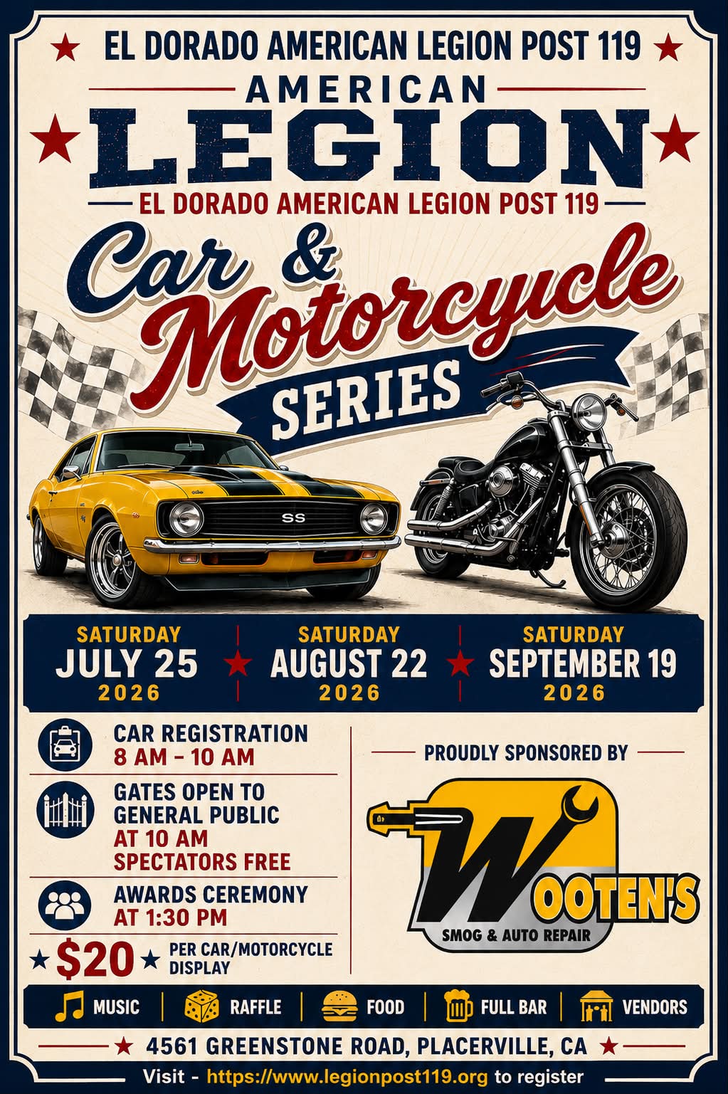 El Dorado American Legion Post 119 Car & Motorcycle Series event at 4561 Greenstone Road in Placerville, CA on August 22, 2026