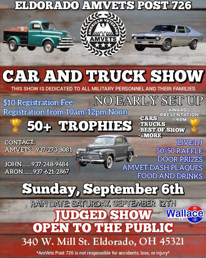 Eldorado AMVETS Post 726 Car and Truck Show event at Eldorado AMVETS Post 726 in Eldorado, OH on September 6, 2026