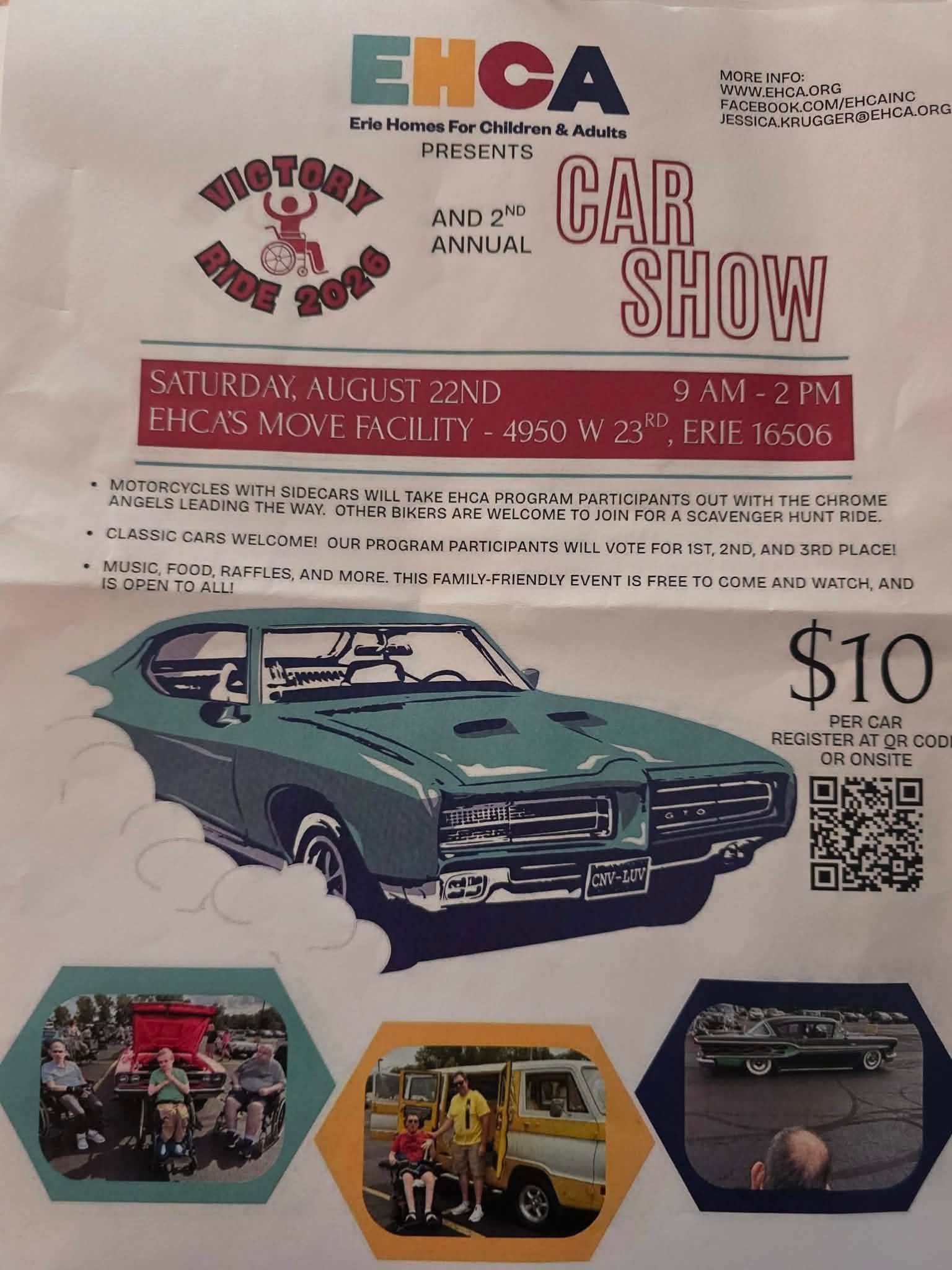 Erie Homes for Children & Adults Victory Ride and 2nd Annual Car Show event at EHCA's MOVE Facility in Erie, PA on August 22, 2026