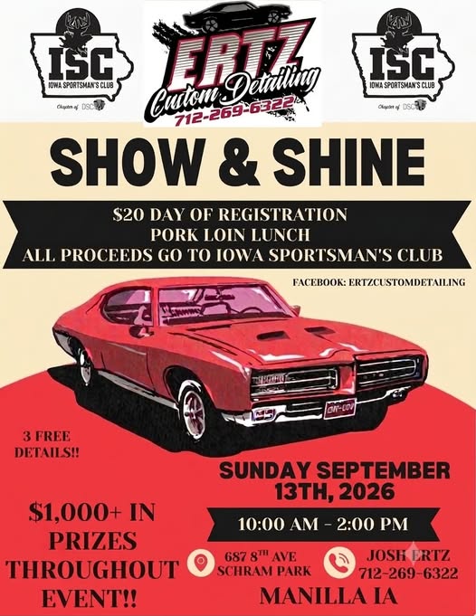 Ertz Custom Detailing Show & Shine event at Schram Park in Manilla, IA on September 13, 2026