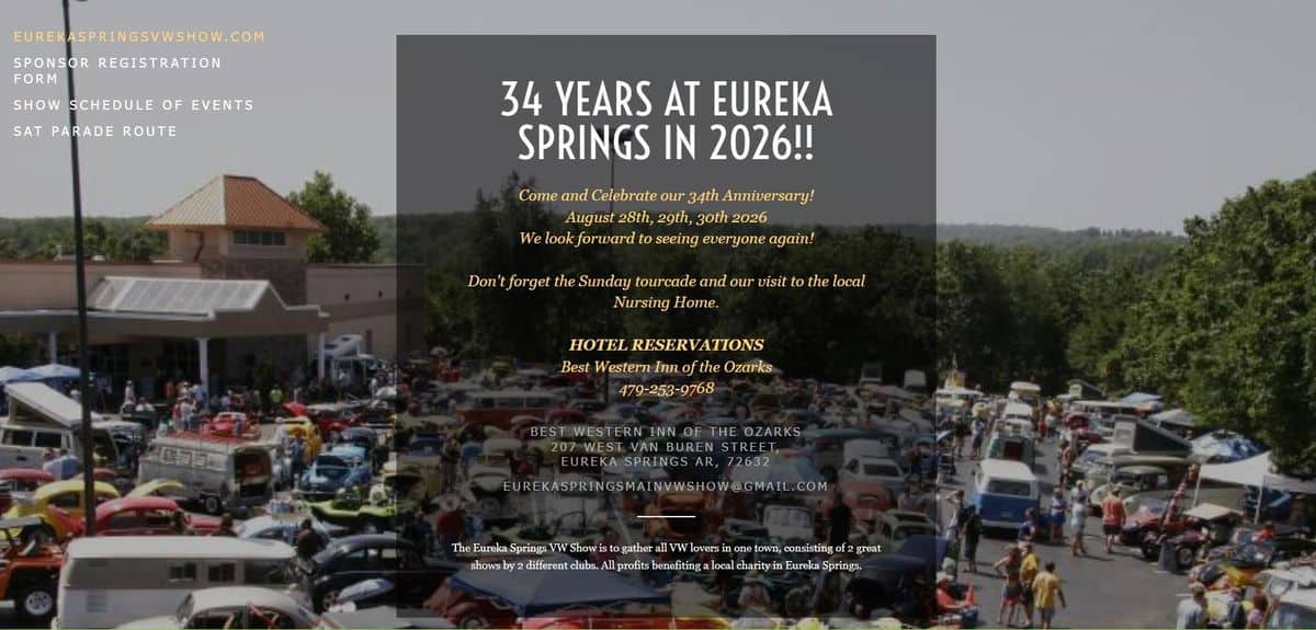 Eureka Springs VW Show event at 18 Eureka St in Eureka Springs, AR on August 28, 2026