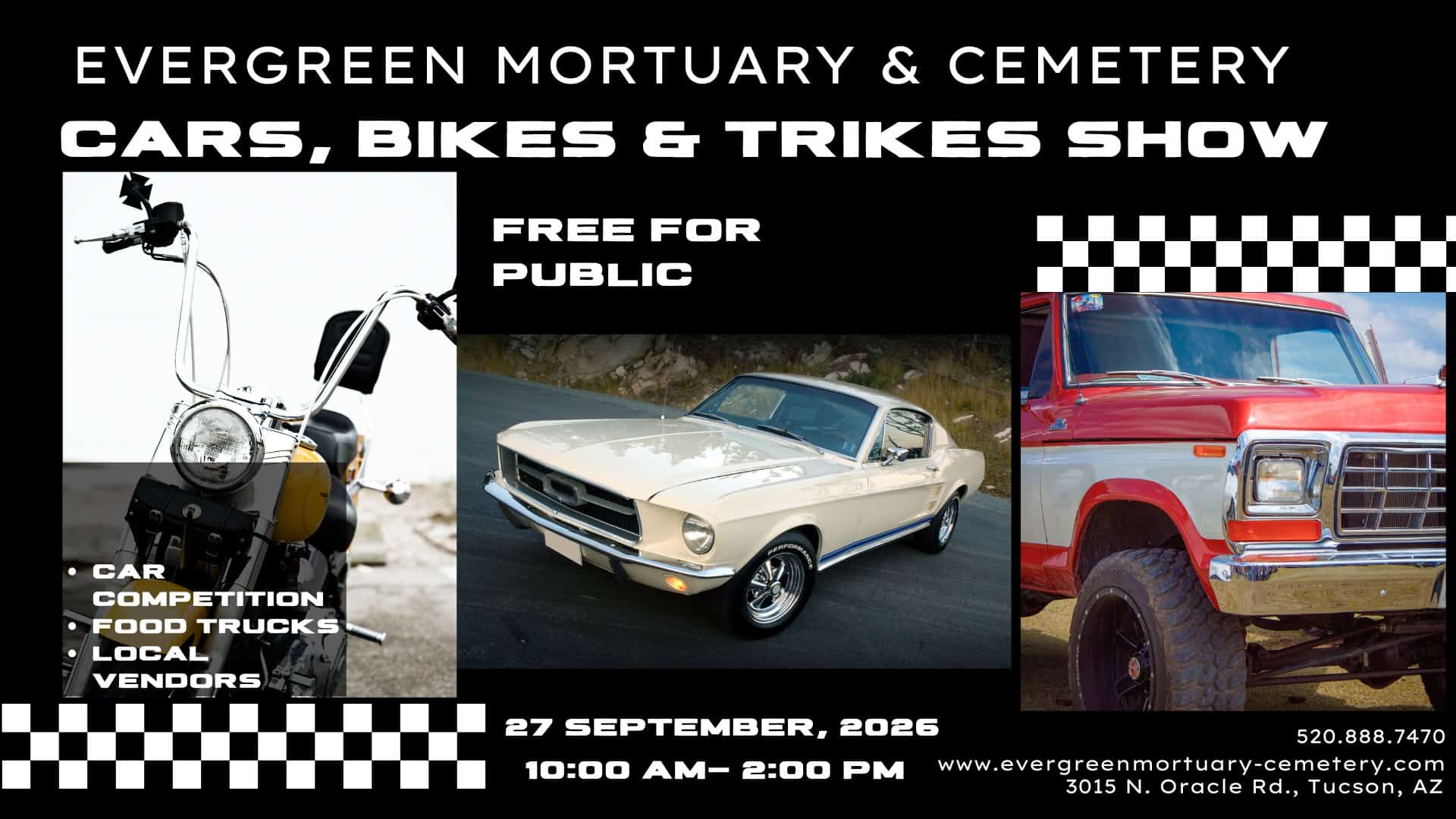 Evergreen Mortuary & Cemetery Cars, Bikes & Trikes Show event at Evergreen Mortuary & Cemetery in Tucson, AZ on September 27, 2026