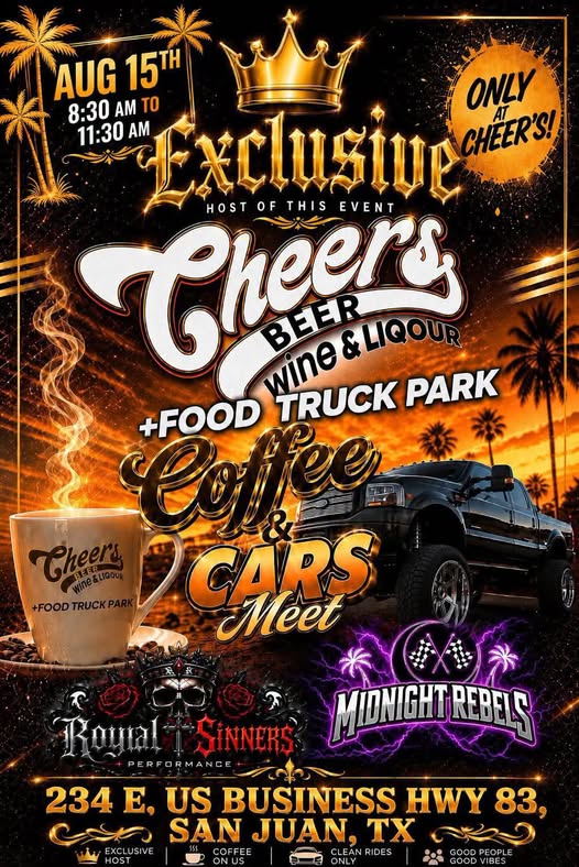 Exclusive Cheers Cars & Coffee event at Exclusive Cheers in San Juan, TX on August 15, 2026