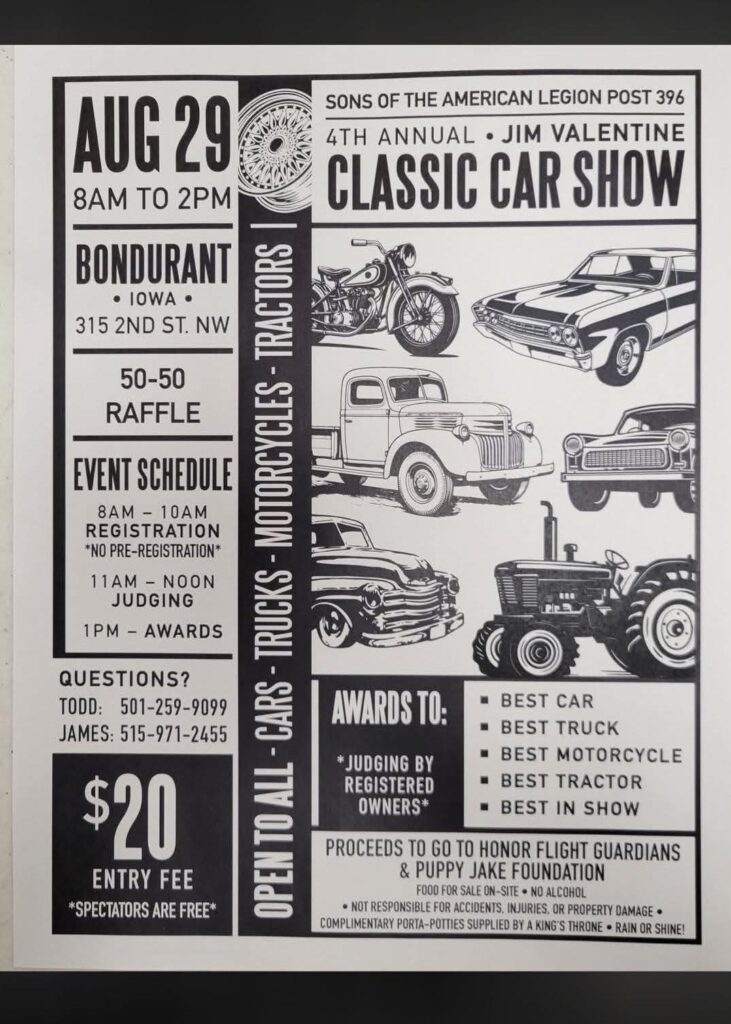 4th Annual Jim Valentine Classic Car Show event at Sons of the American Legion Post 396 in Bondurant, IA on August 29, 2026
