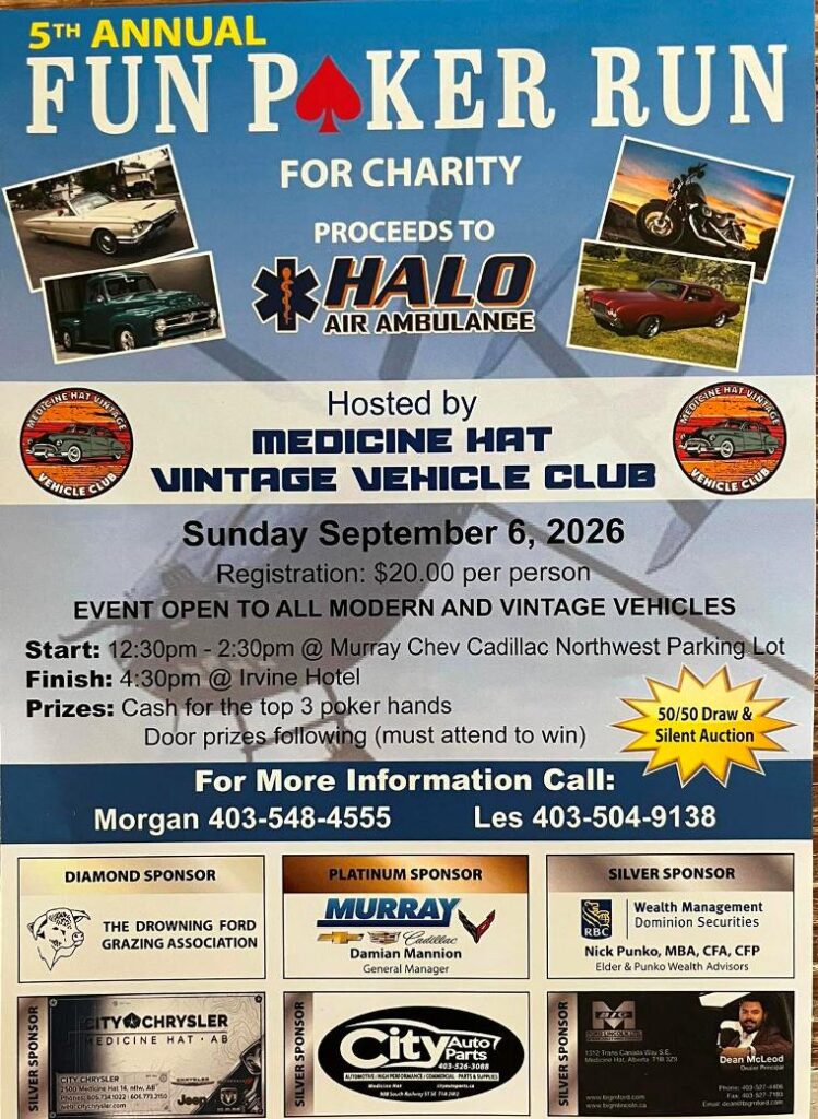 Medicine Hat Vintage Vehicle Club Fun Poker Run event at Murray Chev Cadillac in Medicine Hat, AB on September 6, 2026