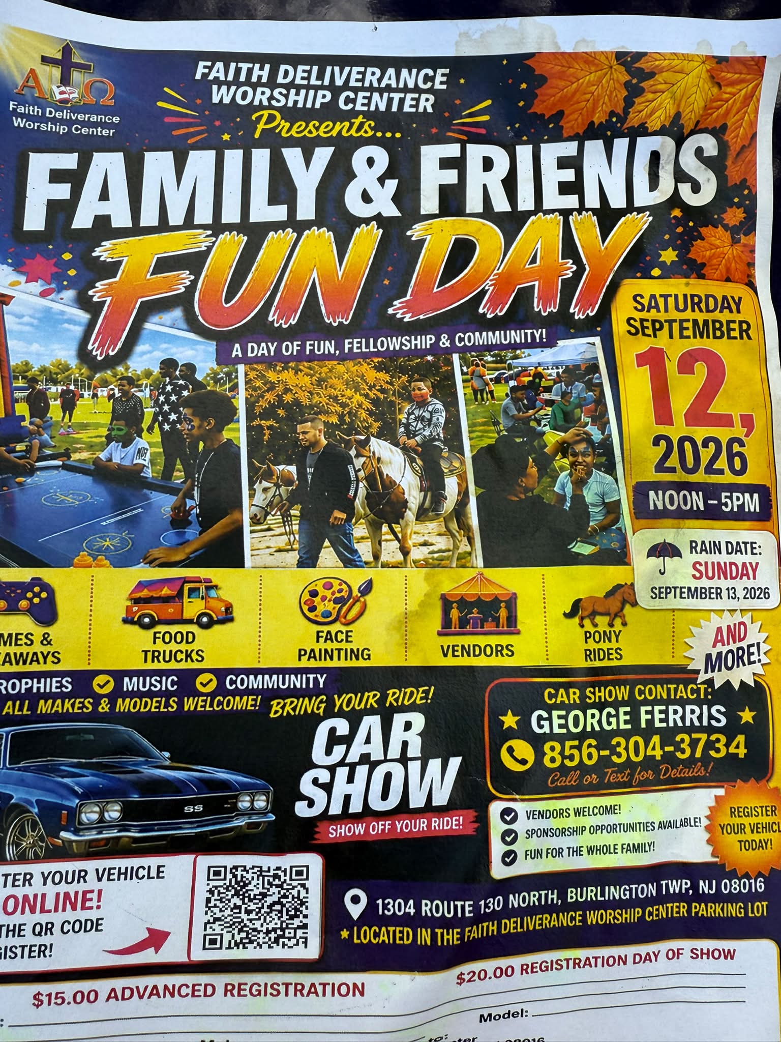 Faith Deliverance Worship Center Family & Friends Fun Day Car Show event at Faith Deliverance Worship Center in Burlington Township, NJ on September 12, 2026