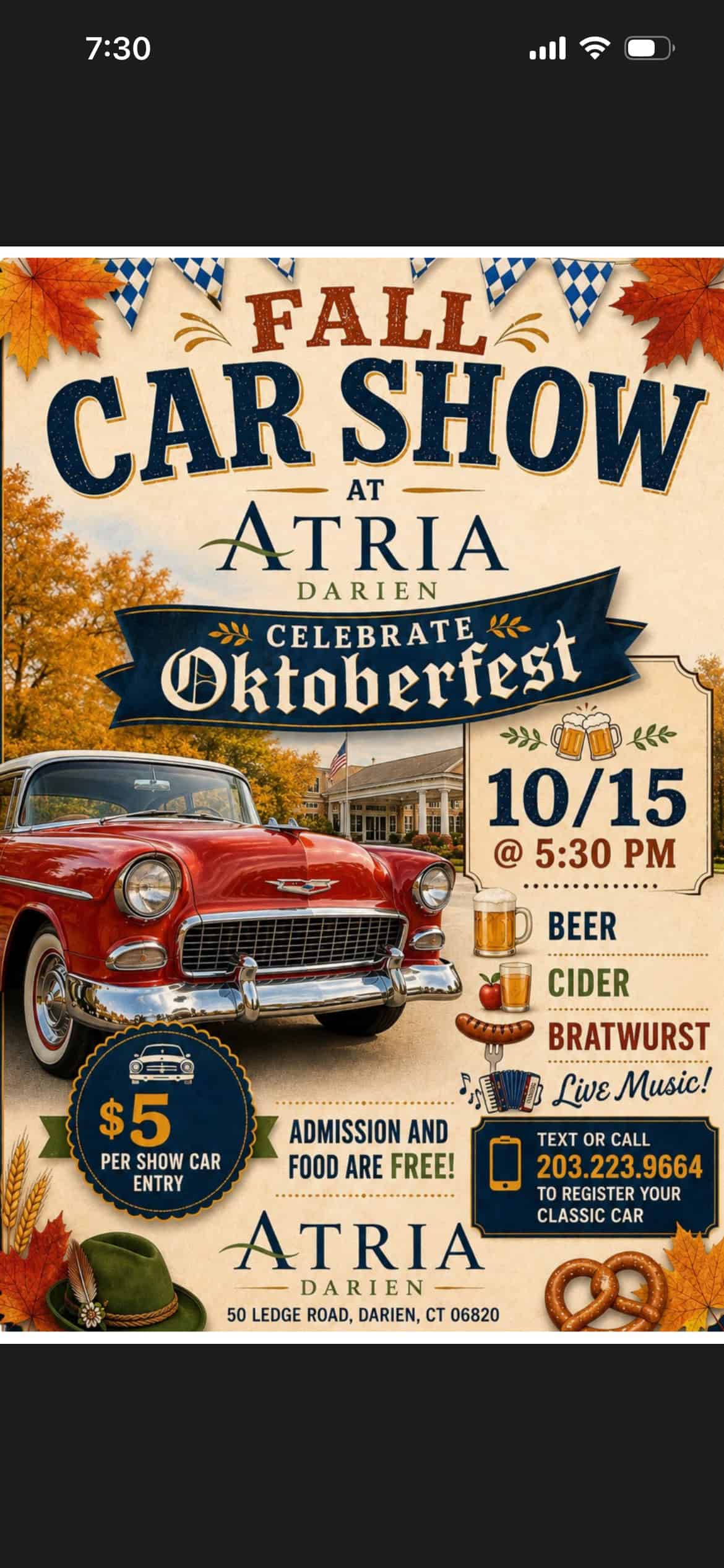 Fall Car Show at Atria Darien event at Atria Darien in Darien, CT on October 15, 2026