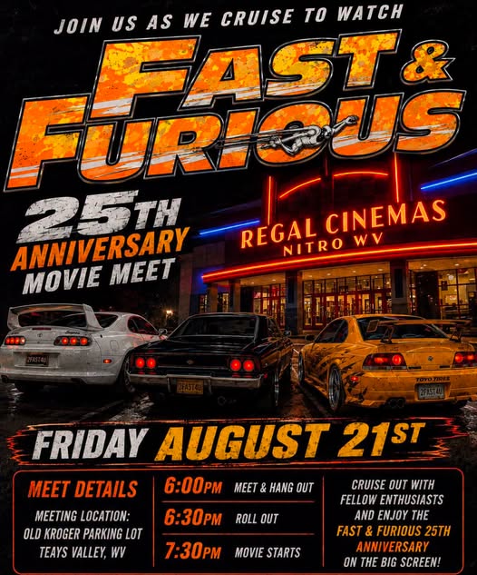 Fast & Furious 25th Anniversary Movie Meet event at Old Kroger Parking Lot in Teays Valley, WV on August 21, 2026