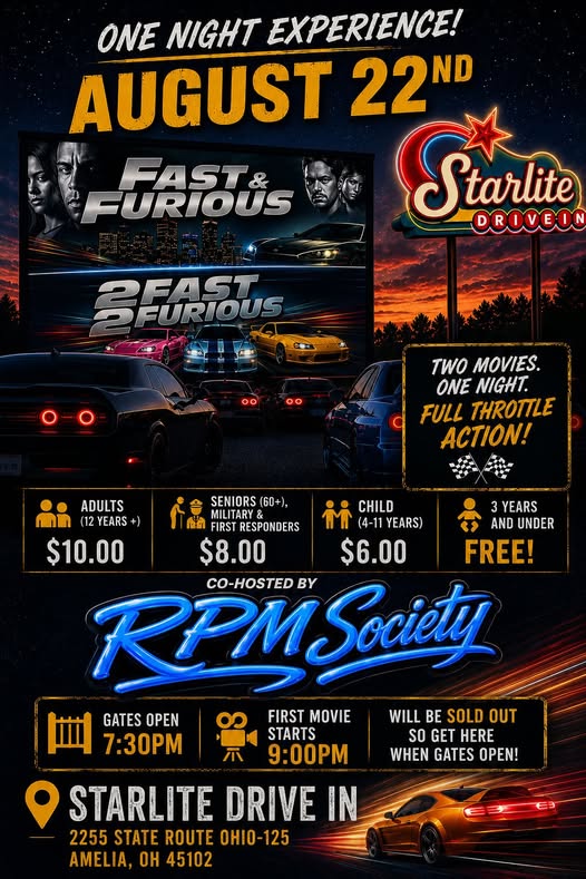 Fast & Furious Double Feature at Starlite Drive in event at Starlite Drive in in Amelia, OH on August 22, 2026
