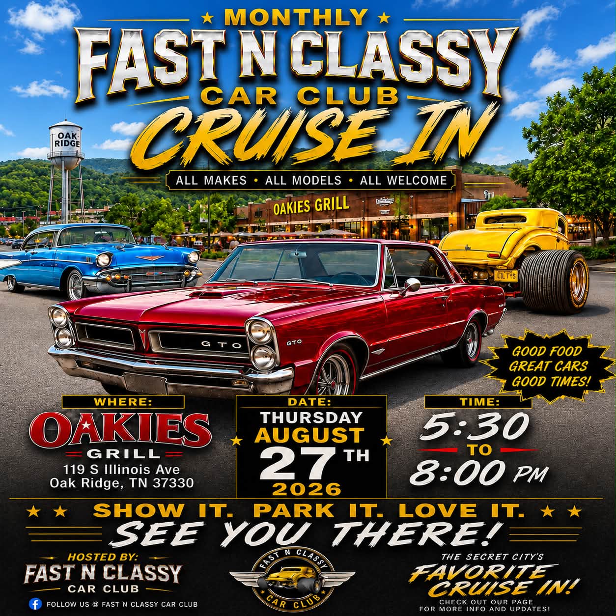 Fast N Classy Car Club Monthly Cruise in event at Oakies Grill in Oak Ridge, TN on September 24, 2026