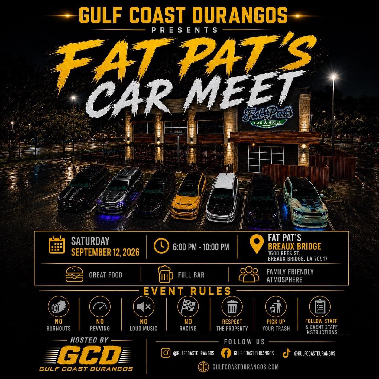 Fat Pat's Car Meet event at Fat Pat's Bar & Grill in Breaux Bridge, LA on September 12, 2026