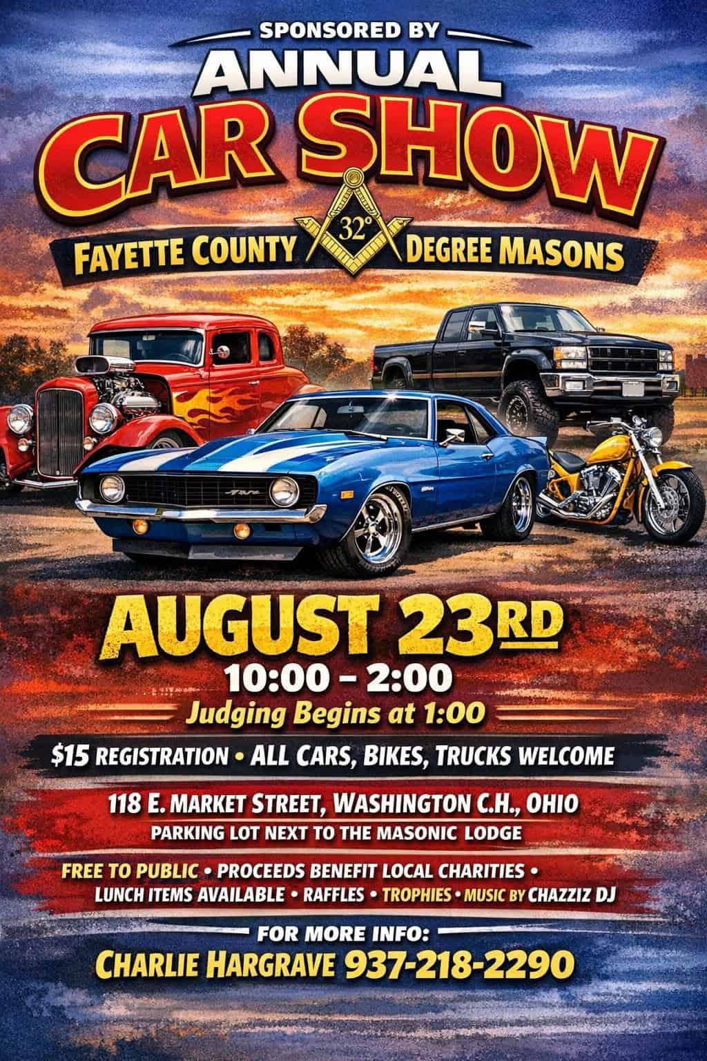 Fayette County 32° Masons Annual Car Show event at Masonic Lodge in Washington Court House, OH on August 23, 2026