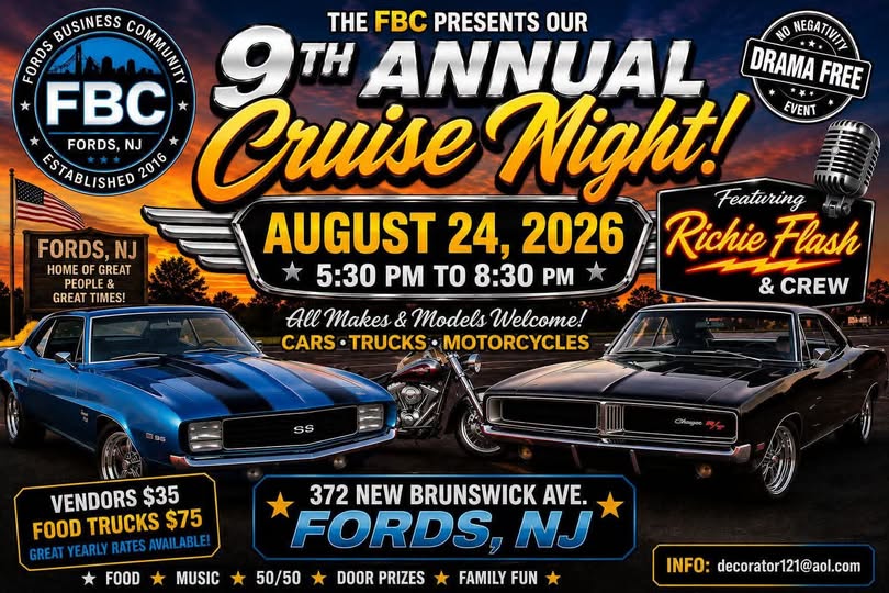 FBC 9th Annual Cruise Night event at 372 New Brunswick Ave. in Fords, NJ on August 24, 2026