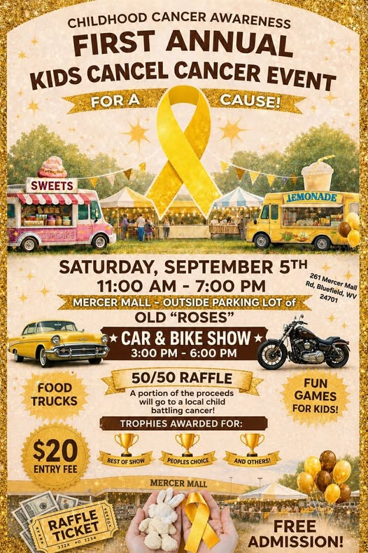 First Annual Kids Cancer Awareness Car & Bike Show event at Mercer Mall in Bluefield, WV on September 5, 2026