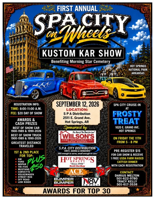 First Annual Spa City on Wheels Kustom Kar Show event at S P a Distribution in Hot Springs, AR on September 12, 2026