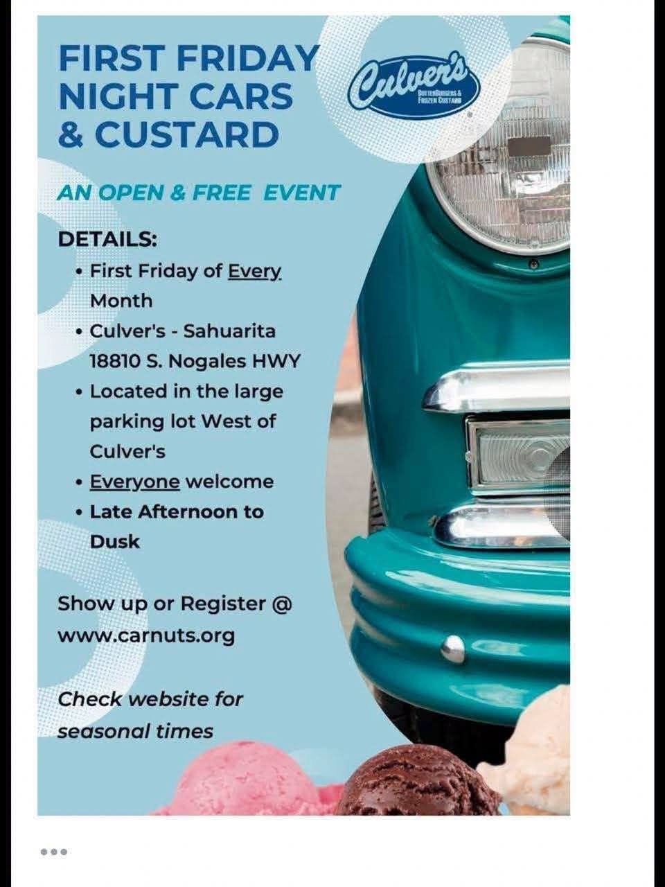 First Friday Night Cars & Custard event at Culver's in Sahuarita, AZ on September 4, 2026