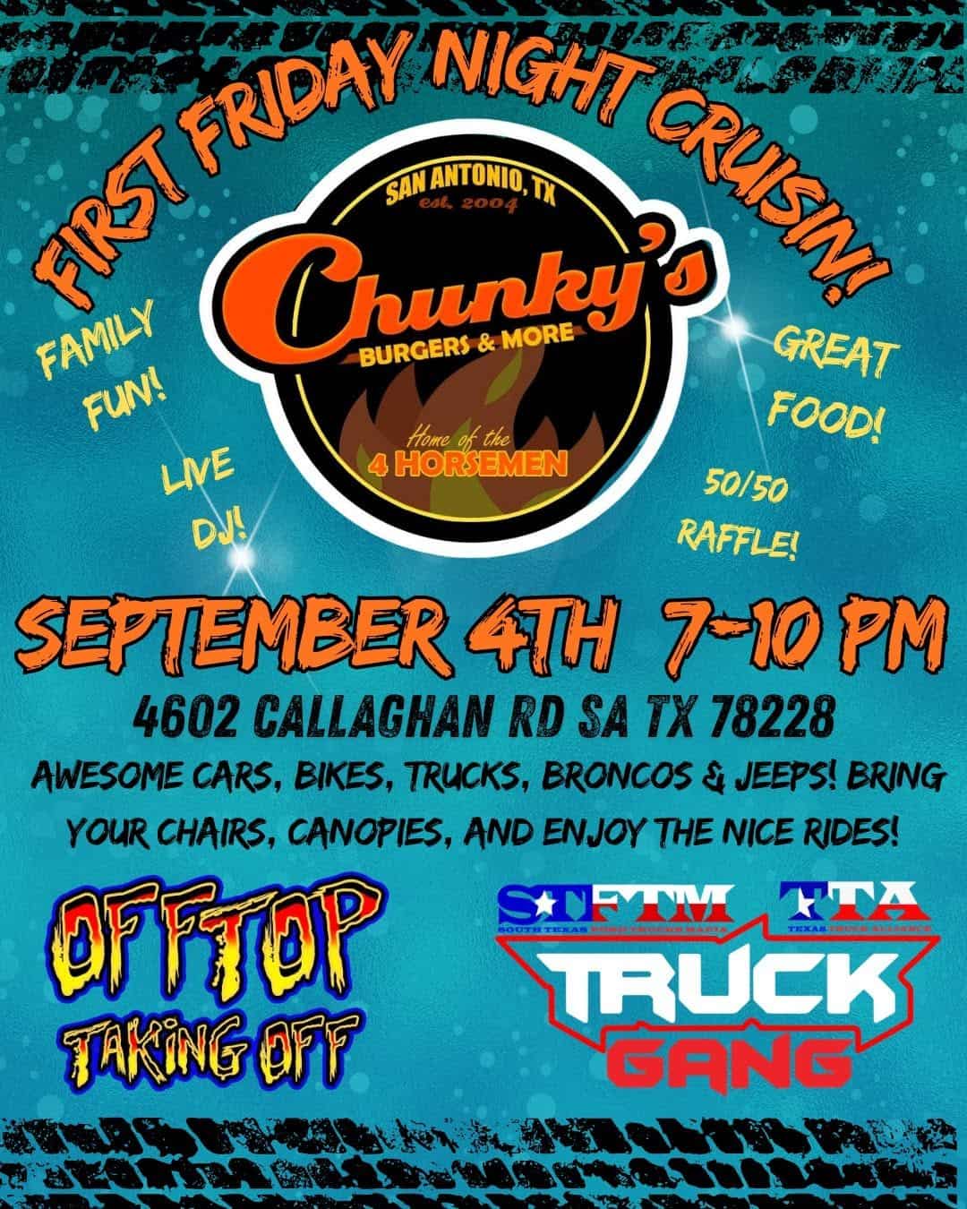 First Friday Night Cruisin at Chunky's event at Chunky's Burgers & More in San Antonio, TX on September 4, 2026