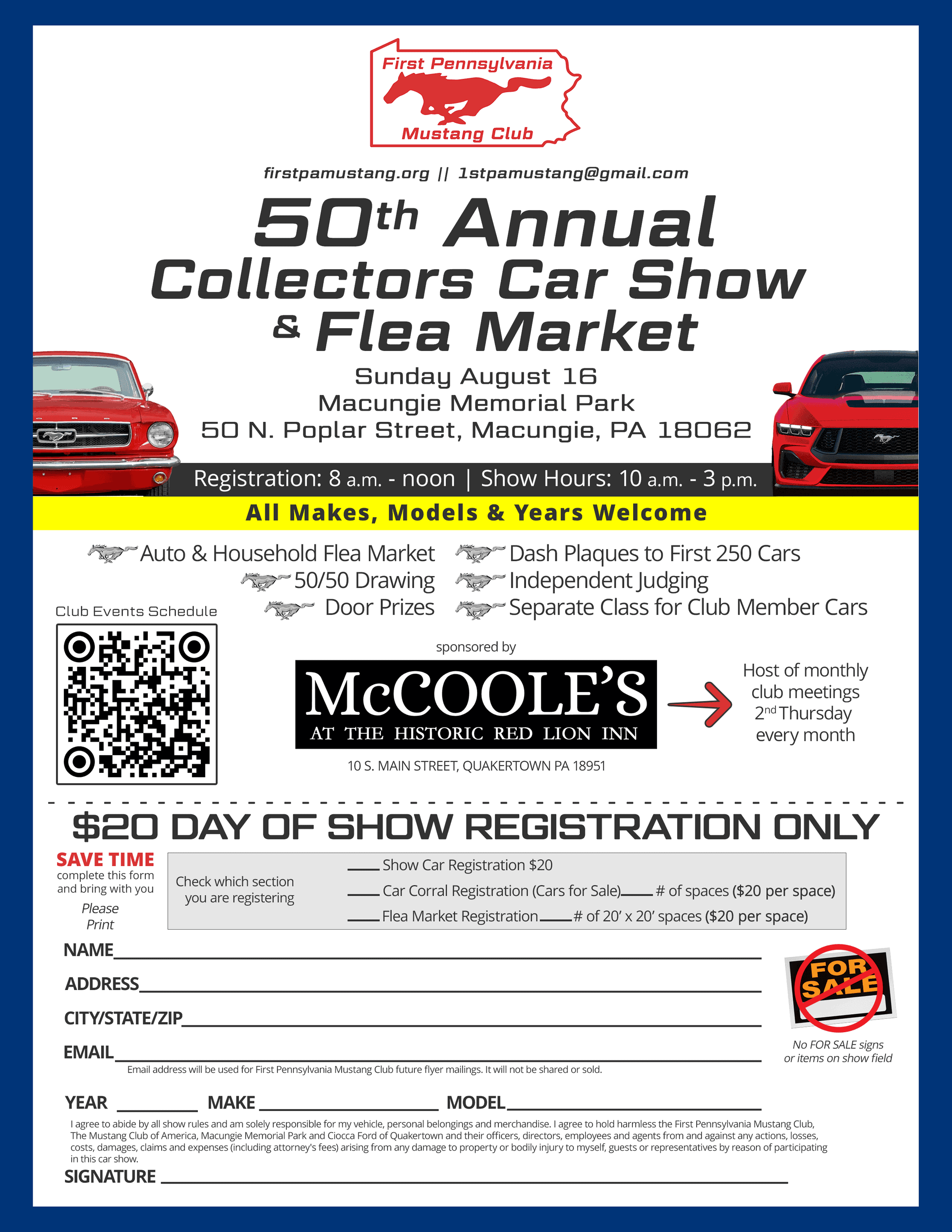 First Pennsylvania Mustang Club 50th Annual Collectors Car Show & Flea Market event at Macungie Memorial Park in Macungie, PA on August 16, 2026