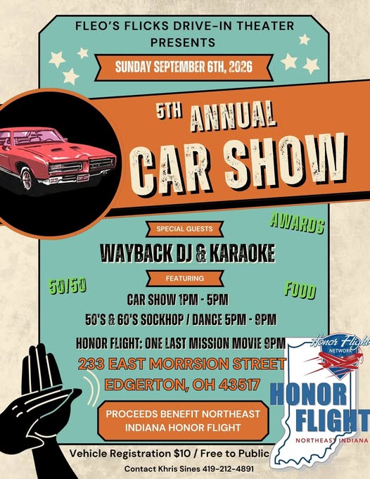 Fleo's Flicks Drive-In Theater 5th Annual Car Show event at Fleo's Flicks Drive-In Theater in Edgerton, OH on September 6, 2026