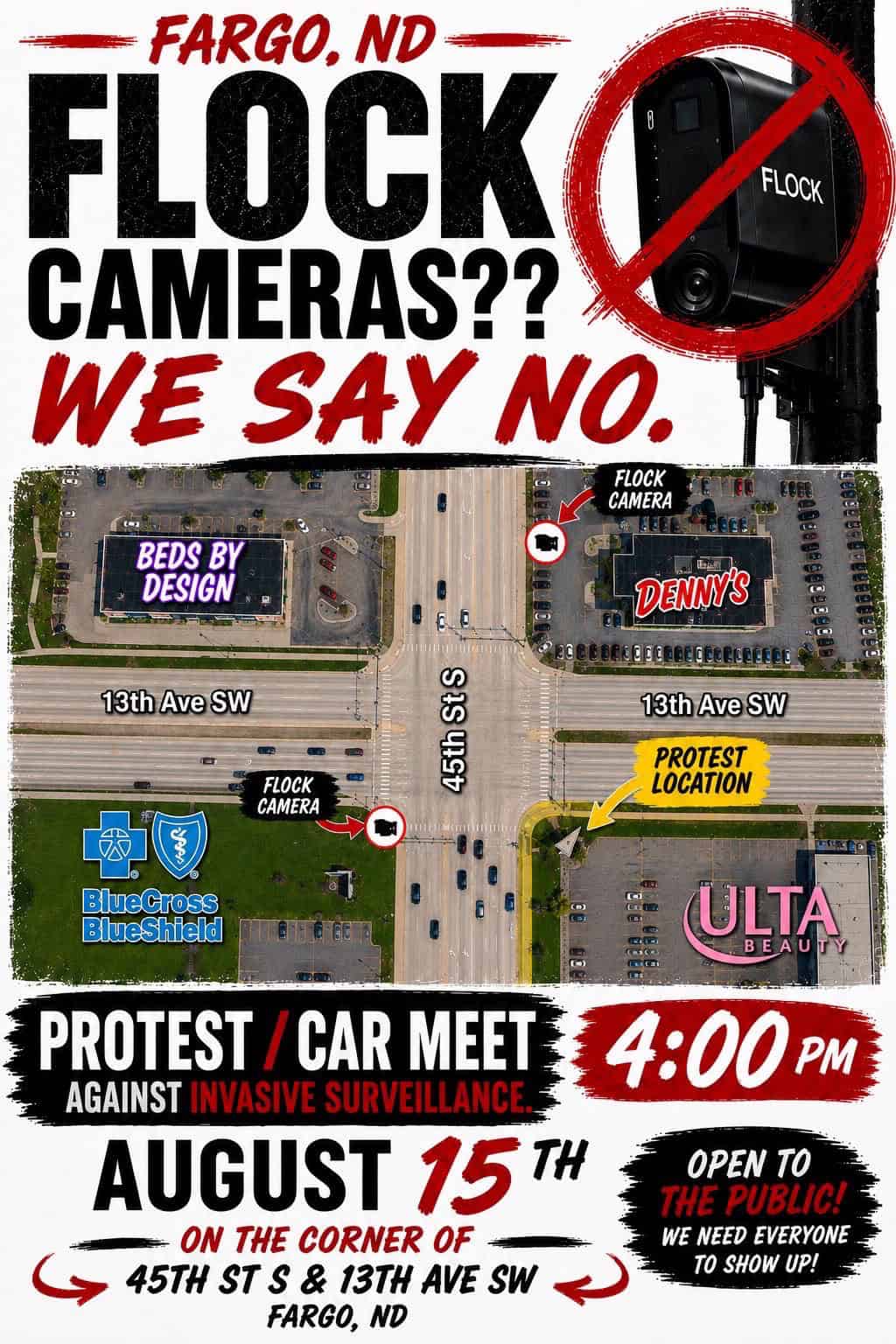 Flock Camera Protest / Car Meet event at 45th St S & 13th Ave SW in Fargo, ND on August 15, 2026