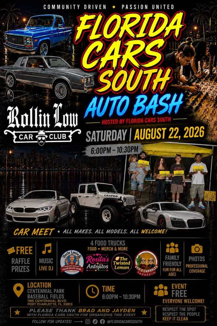 Florida Cars South Auto Bash hosted by Rollin Low Car Club event at Memorial Park Baseball Fields in Port Charlotte, FL on August 22, 2026