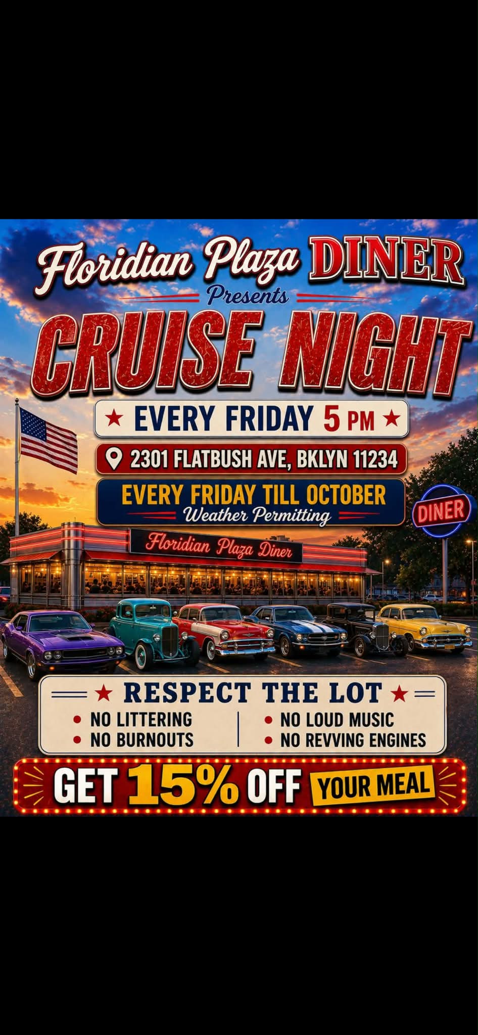 Floridian Plaza Diner Cruise Night event at Floridian Plaza Diner in Brooklyn, NY on August 7, 2026