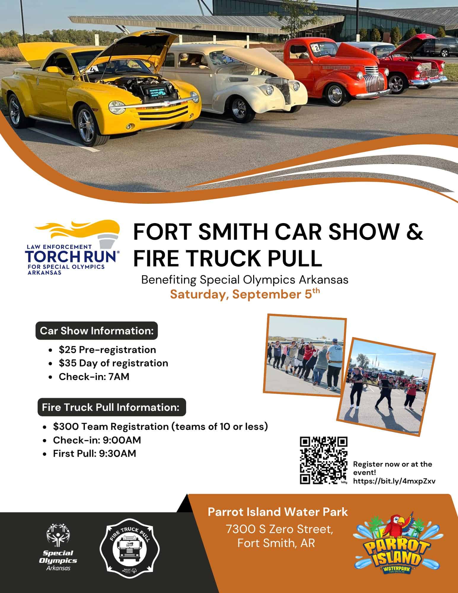 Fort Smith Car Show and Fire Truck Pull Benefiting Special Olympics Arkansas event at Parrot Island Water Park in Fort Smith, AR on September 5, 2026