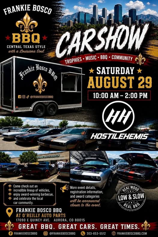 Frankie Bosco BBQ Car Show event at O'Reilly Auto Parts in Aurora, CO on August 29, 2026